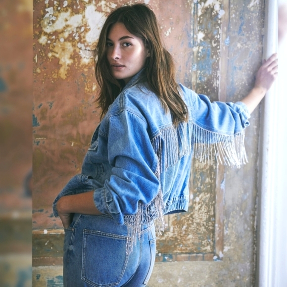 LAST ONE! Free People Rhinestone Fringe Denim Bomber Jacket Meteor Wash - Picture 13 of 15